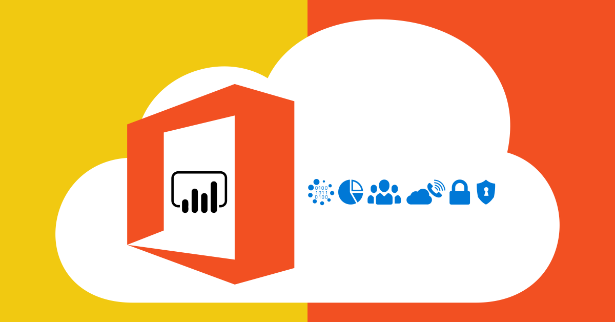 Licença power bi office 365 representada com o logo do antigo Office 365, seguido de ícones que refletem todos os seus recursos