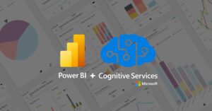 Power BI com IA (Inteligência Artificial) representado com o logo do Power BI e do Cognitive Services, e dashboards ao fundo