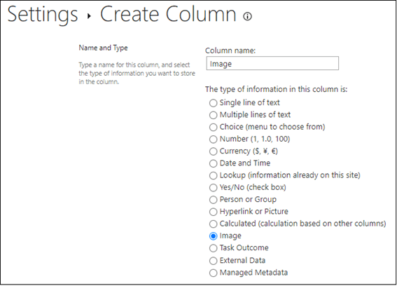 Criação de uma coluna de imagem no SharePoint