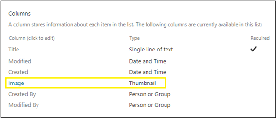 Seção de colunas nas configurações da lista