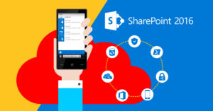 Sharepoint Server 2016 Update representado através do aplicativo mobile e ícones que representam seus recursos interligados