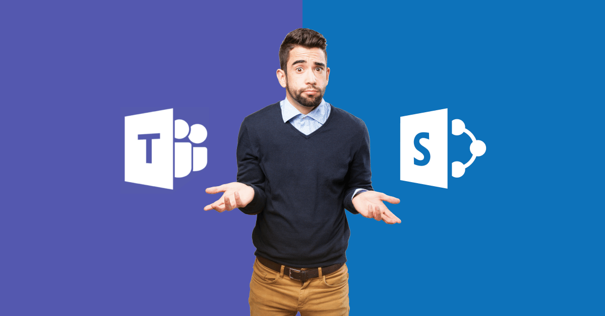 Logos dos produtos SharePoint vs Microsoft Teams posicionados um de cada lado e um homem no centro em dúvida sobre qual usar
