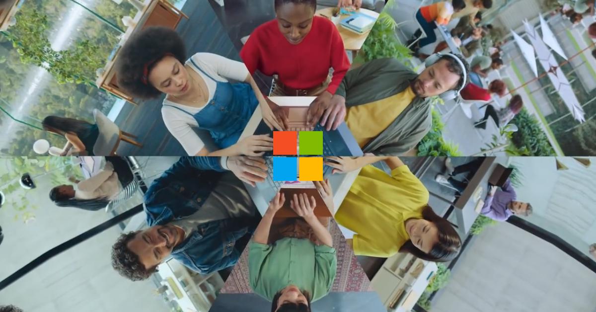 Logo do Microsoft 365 ao centro e seis pessoas ao redor, cada uma mexendo em seu notebook