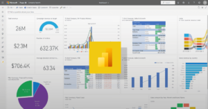 Logo do Microsoft Power BI ao centro e ao fundo está uma tela da interface da ferramenta com diferentes dashboards de dados