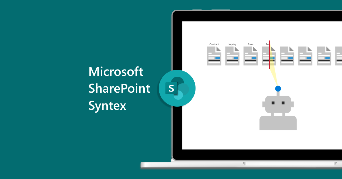 Representação do SharePoint Syntex viabilizado pelo Microsoft Cortex por um robô que monitora documentos e formulários