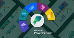 Logos dos aplicativos da Microsoft Power Platform ao centro, e ao fundo estão várias telas com diferentes dashboards de dados