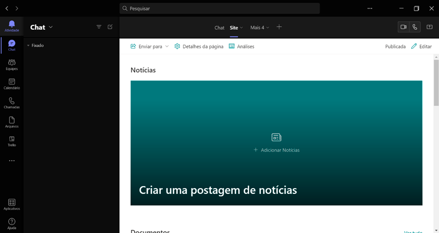 Notícias do site do SharePoint visualizadas em equipe do Teams