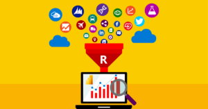 Linguagem R com Power BI representada em um funil recebendo dados de várias fontes, que desembocam em um dashboard visual