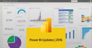 Power BI update 2016 representado pelo logo do Power BI, e atrás, vários modelos de dashboards com gráficos, tabelas e números