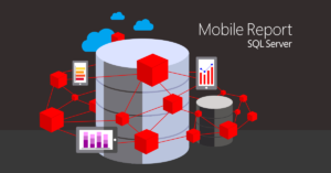 SQL Server Mobile Report representado em uma figura de banco de dados com ligações entre dashboards