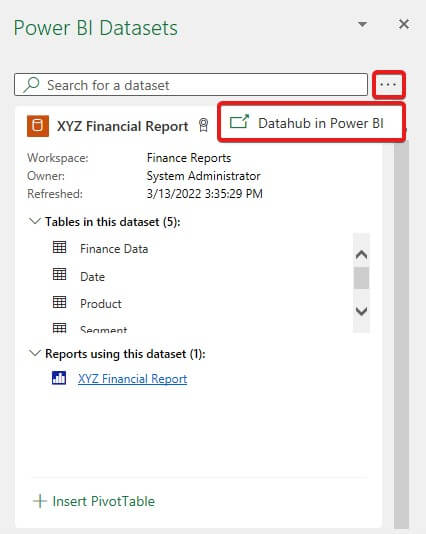 Botão de acesso ao Datahub Power BI SaaS a partir do Excel.