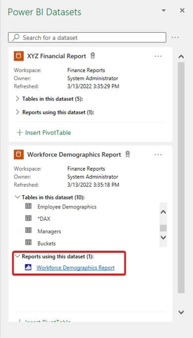 Novo botão do Excel ao pesquisar conjuntos de dados para visualizar relatórios que já utilizaram o mesmo conjunto de dados.