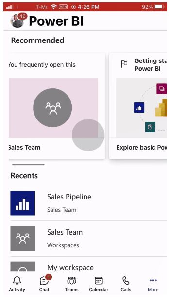 Visualização do Power BI dentro do aplicativo mobile Microsoft Teams