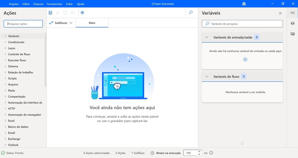 interface gráfica do Power Automate com todos os botões necessários para criar automações de fluxos de trabalho