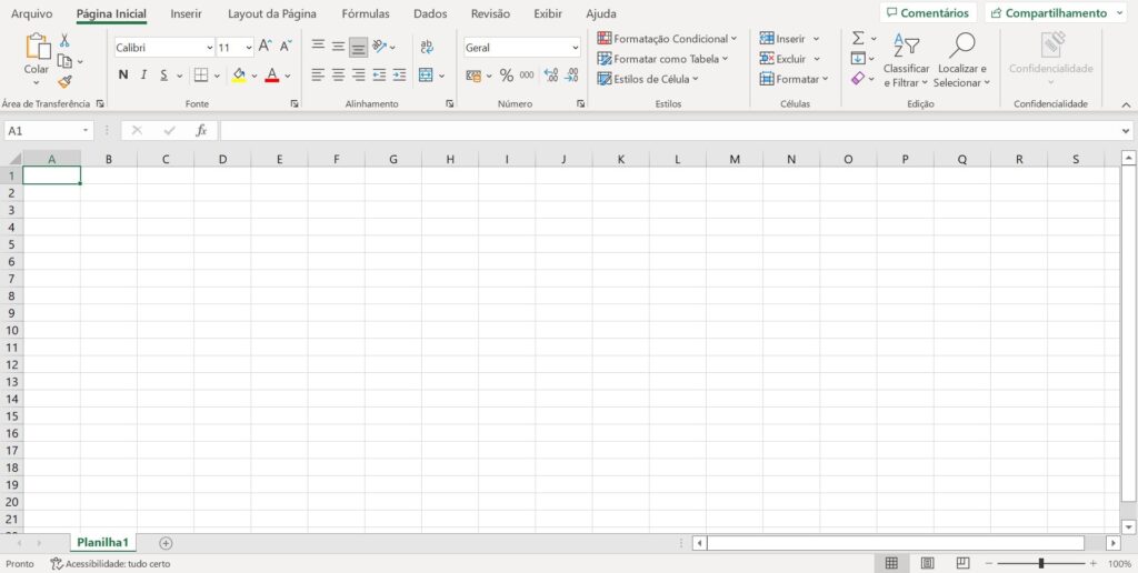 interface do Excel para criar planilhas, com células e botões de funcionalidades