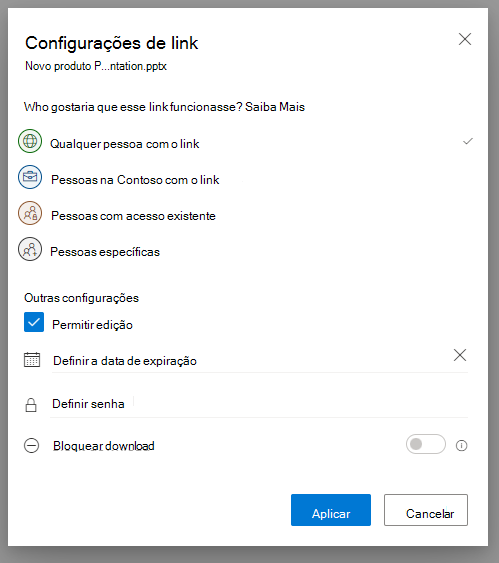 Configurações de permissão de acesso para links de compartilhamento. É possível escolher quem pode acessar, editar ou somente exibir, definir data de expiração e senha