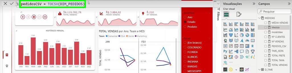 barra de fórmulas do Power BI com a nova medida DAX para converter arquivos para o formato CSV