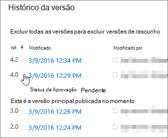 Histórico de versão com números das versões do arquivo, data e hora da modificação e por quem foi modificado