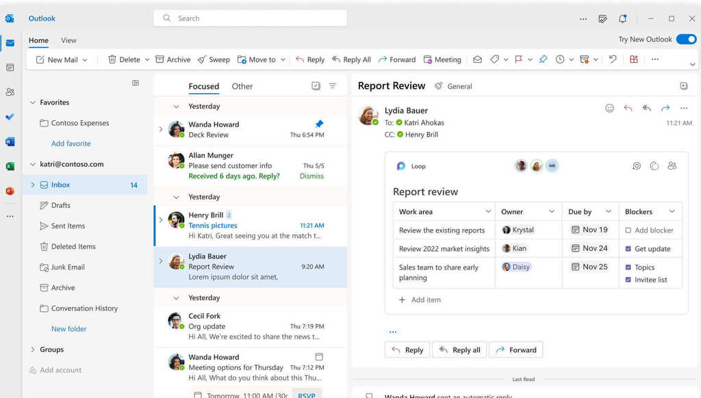 Interface gráfica do usuário do novo Outlook, com mudanças na barra lateral, exibição de e-mails e botões de navegação