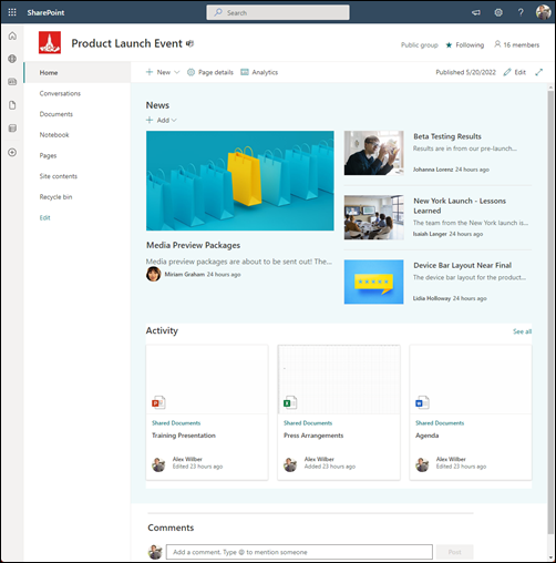 Visual de um site de equipe do SharePoint, que possui botões de navegação ao lado esquerdo, e ao lado direito os conteúdos disponíveis, como notícias e documentos