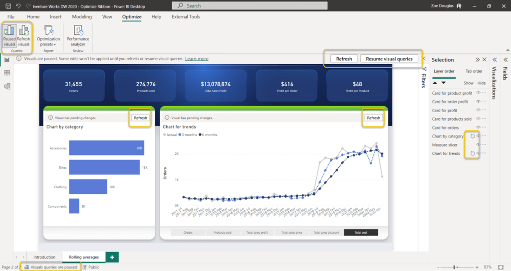 faixa Otimizar do Power BI Desktop demonstrando a nova função Pause Visuals e botões para atualizar o relatório manualmente