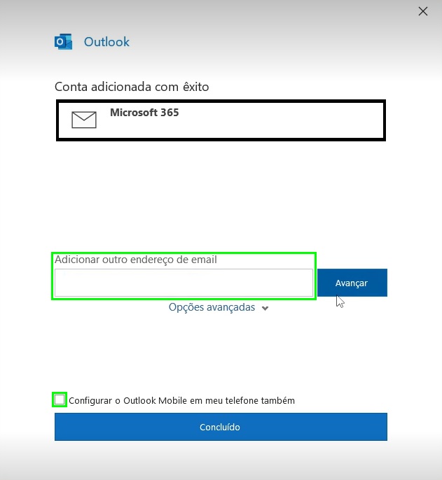Janela que demonstra a conclusão da configuração de uma conta no Outlook 365. Também é possível adicionar uma nova conta e gerar um QR Code para sincronizar as configurações no dispositivo mobile