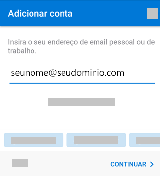 Janela para adicionar e configurar endereço de e-mail no Outlook pelo celular