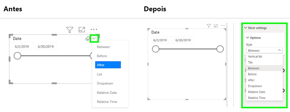 Antigo botão de segmentação de dados por data, localizado no cabeçalho visual do filtro, e nova área para customizar a segmentação no painel de formato