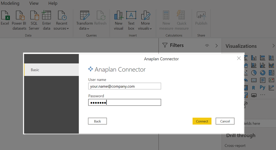 Conector Anaplan no Power BI com área para efetuar login