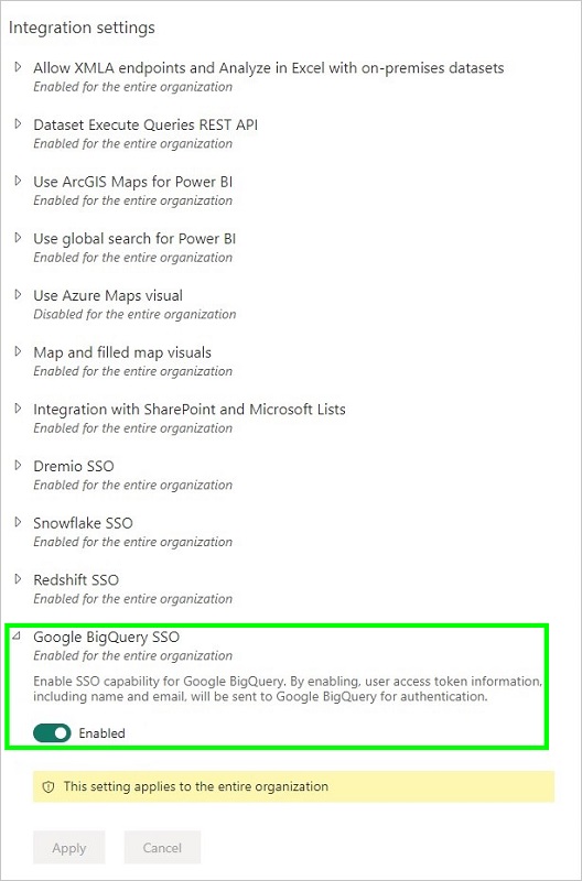 Habilitação do Google BigQuery SSO no Power BI