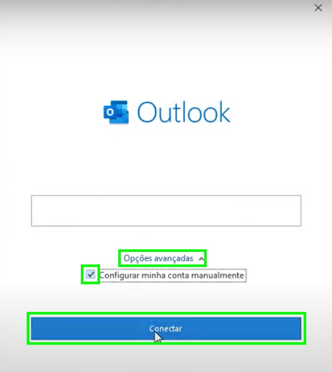 Janela do Outlook 365 para escolher as opções avançadas e configurar conta de e-mail manualmente