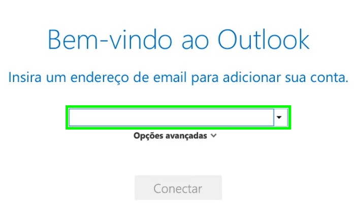 Janela inicial para adicionar o e-mail e configurar a conta corporativa no Outlook 365