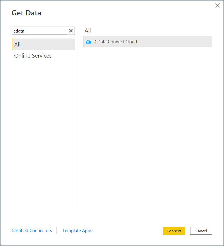 Novo conector CData Connect Cloud que pode ser encontrado a partir do botão "obter dados"