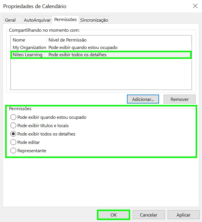 Janela com o novo contato adicionado, onde é possível configurar as permissões de acesso e exibição do calendário compartilhado.