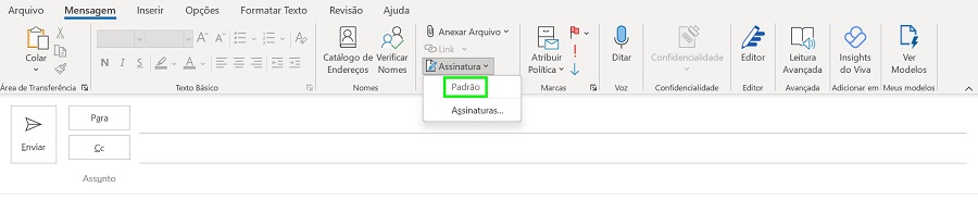 Botão em um novo e-mail para colocar assinatura nas mensagens enviadas pelo Outlook manualmente.