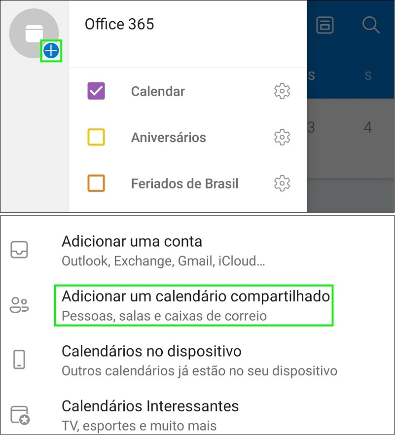 Duas janelas do aplicativo móvel Outlook 365 para adicionar um contato compartilhado, uma em cima da outra. A primeira com o botão para adicionar um novo contato e a segunda para escolher entre as opções de adicionar.