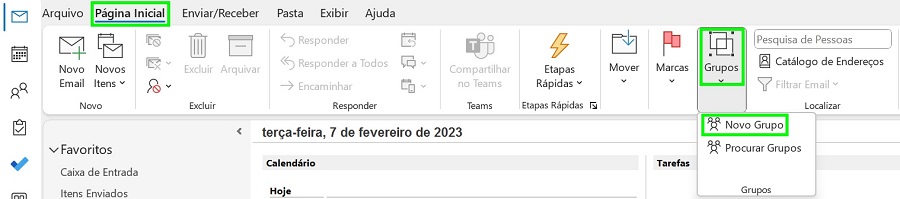 Página inicial do Outlook365 desktop onde estão localizados os botões "Grupo" e "Novo Grupo" para iniciar a criação