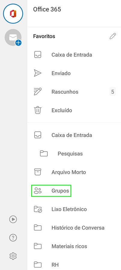 Menu do aplicativo mobile do Outlook 365 onde ficam localizados os grupos de contato