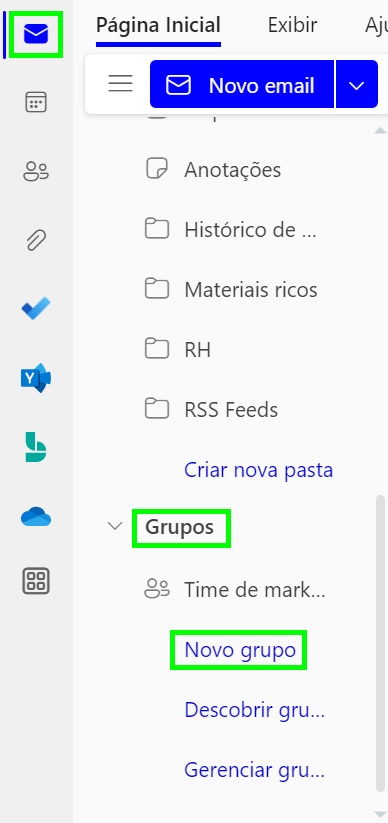 Menu lateral esquerdo do Outlook.com onde é possível visualizar e adicionar grupos de contato