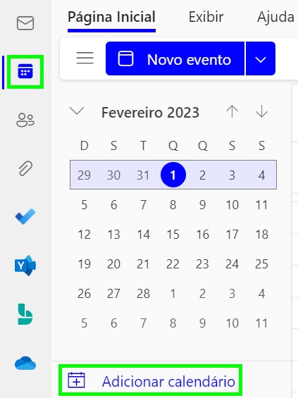 Aba de calendário do Outlook.com com o botão de adicionar um novo calendário ressaltado.