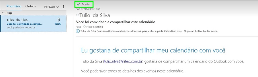 E-mail para aceite do compartilhamento do calendário de outra pessoa no Outlook 365