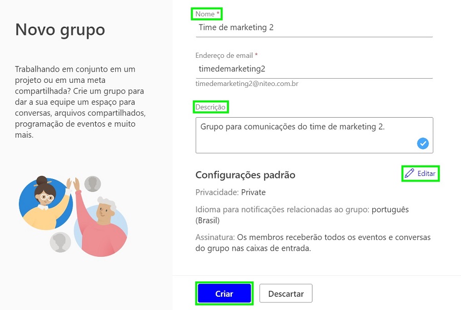 Área de configuração do novo grupo de contato no Outlook.com, onde é possível adicionar o nome e a descrição, assim como configurar a privacidade e idioma do grupo