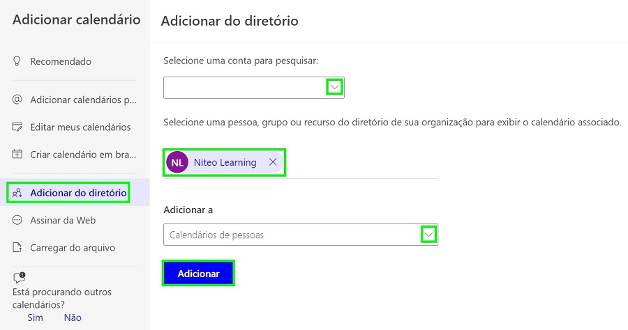 Janela do Outlook.com para pesquisar e adicionar o calendário de algum dos contatos da empresa.