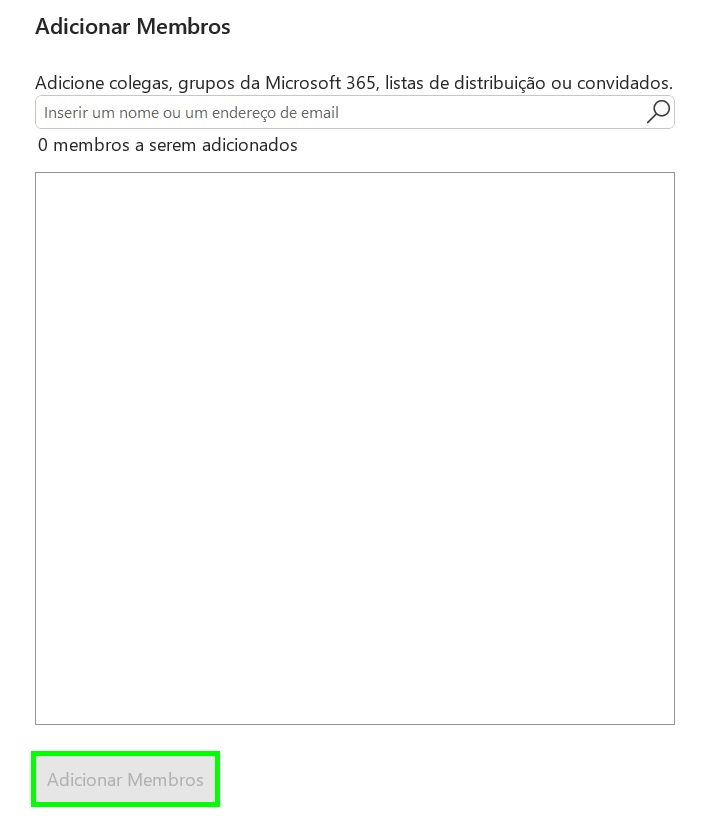 Área para adicionar membros ao novo grupo de e-mail que está sendo criado