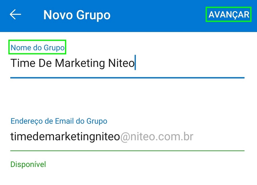 Área para definição do nome do novo grupo de contato no aplicativo móvel