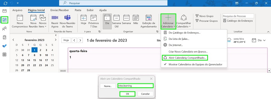 Interface do calendário Outlook desktop, com os botões "adicionar calendário" e "abrir calendário compartilhado" ressaltados. Abaixo está a próxima janela, aberta ao clicar nos botões marcados, para pesquisar o contato.