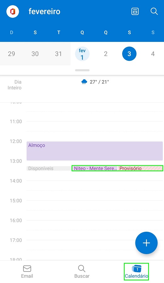 Calendário do Outlook 365 mobile demonstrando os compromissos das agendas selecionadas.