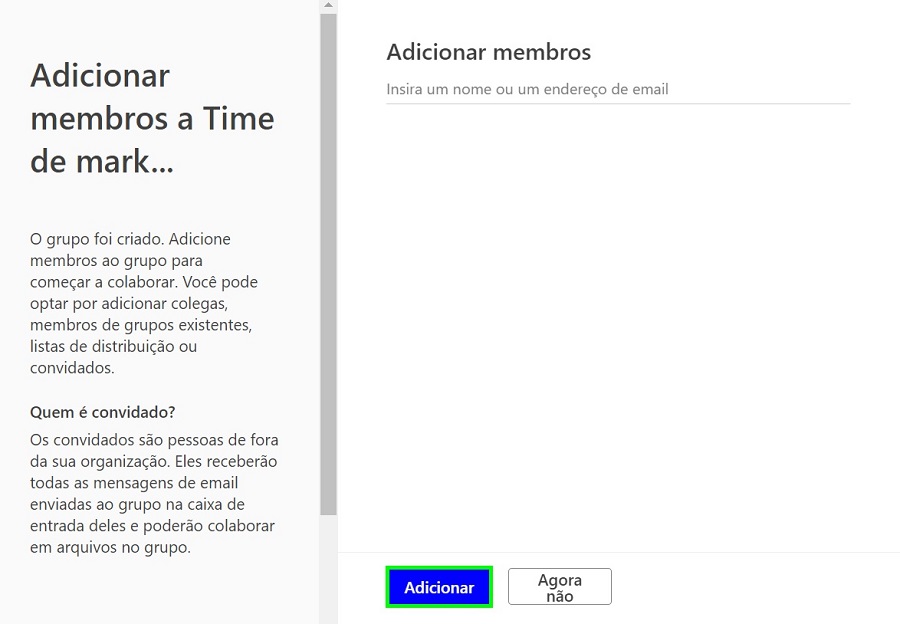 Tela para adicionar os membros ao novo grupo de e-mail no Outlook.com.