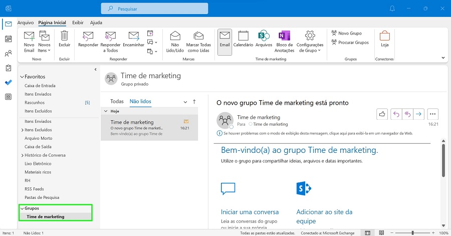 Página inicial do aplicativo Outlook365 para desktops com marcação na aba onde é possível visualizar todos os grupos de contato