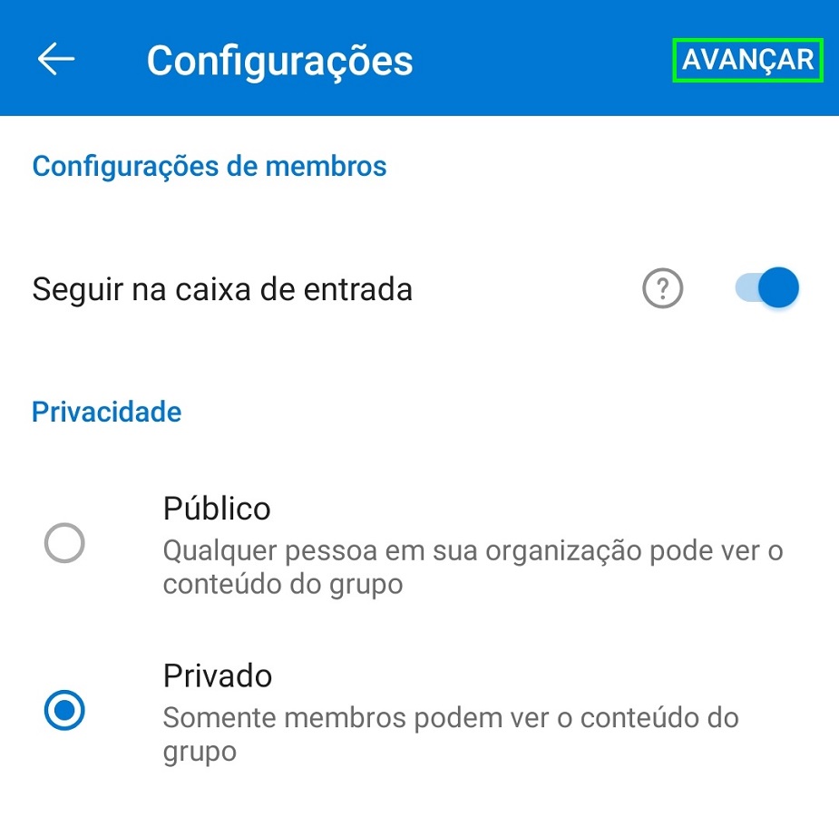 Área para definir se o grupo de contatos será público ou privado, e se os e-mails do grupo chegarão também na caixa de entrada principal